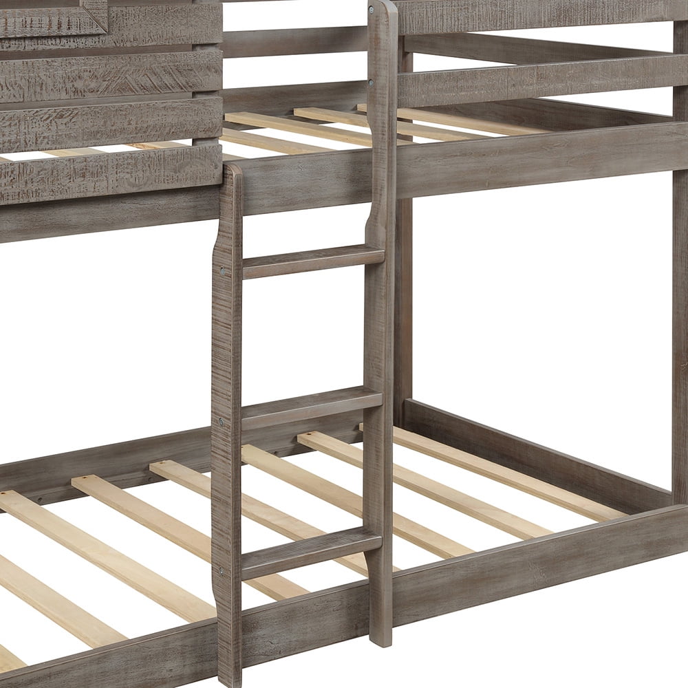 Kepooman Twin Over Twin Wood Bunk Bed with Roof & Window & Guardrail & Ladder for Kids, 77.8"L x 41"W x 83.1"H, Antique Gray Kepooman Twin Over Twin Wood Bunk Bed with Roof & Window & Guardrail & Ladder for Kids, 77.8"L x 41"W x 83.1"H, Antique Gray