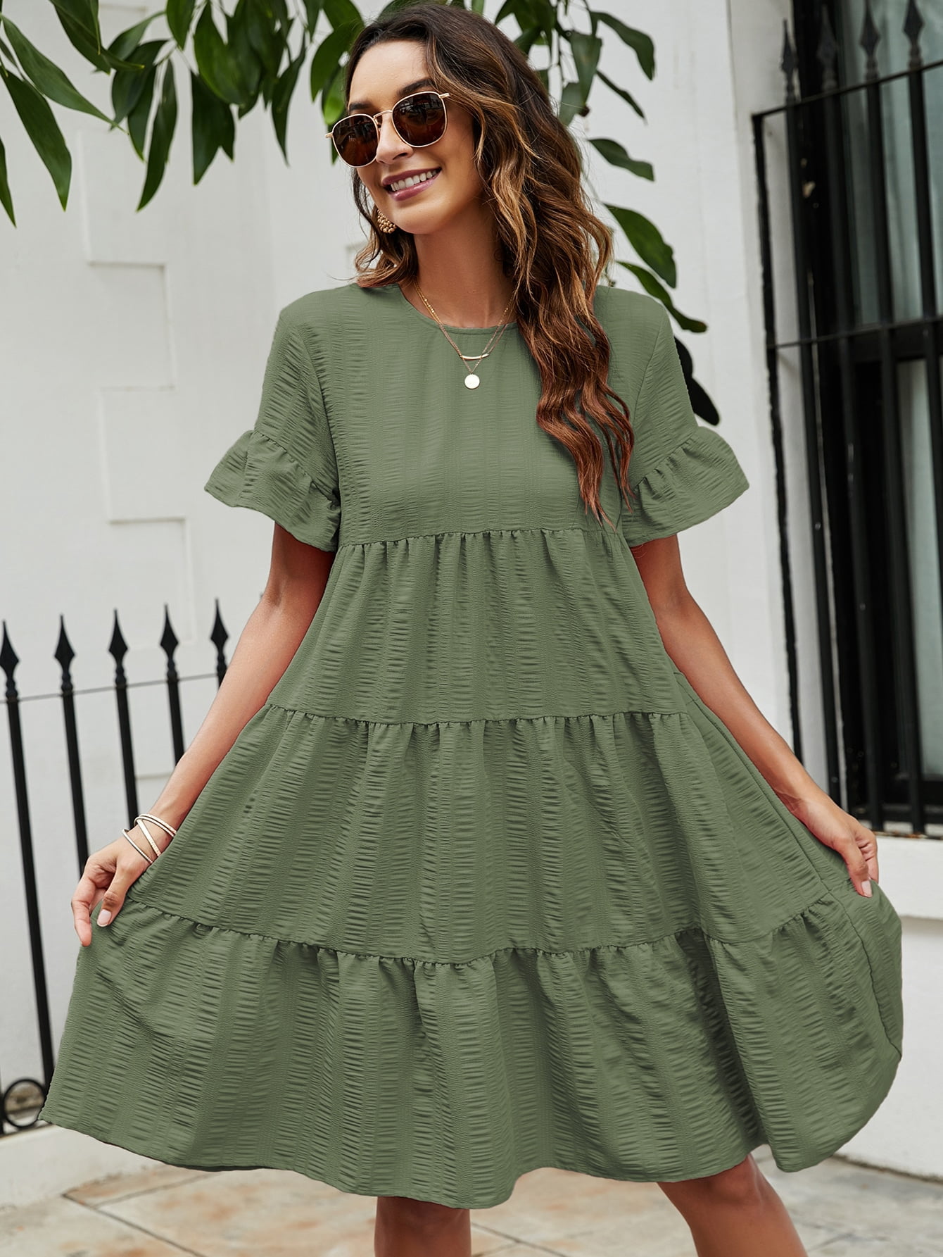 Women's Solid Flounce Sleeve Smock 