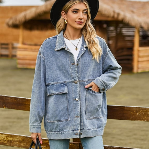 Women Jean Jacket Long Sleeve Denim Coats with Pocket V-Neck Outerwear S M L XL XXL for Women