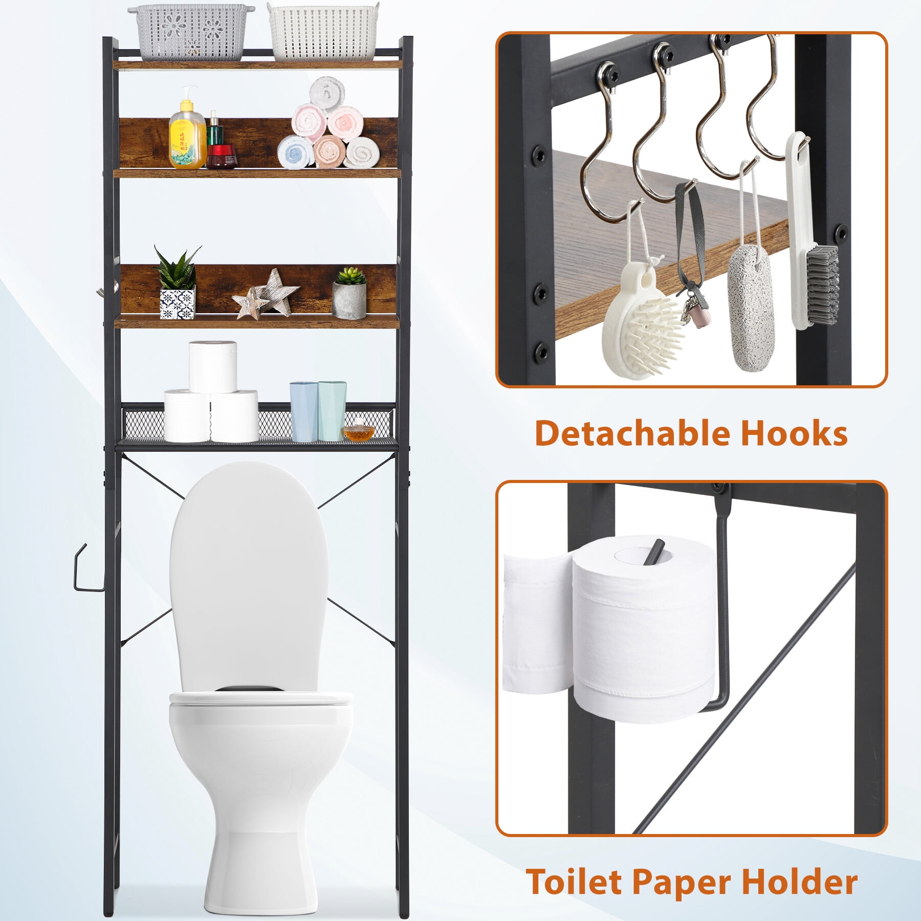 HomGarden 4-Tier over the Toilet Bathroom Storage Rack Adult Organizer Space Saver Rustic Dark Brown