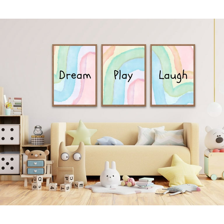 Set of 3 Prints, Pastel Colors, Above Bed Decor, Watercolor, Poster, Y2k,  Aesthetic Room Decor, Kids Wall Art, Play, Dream, Laugh, Wall Art 