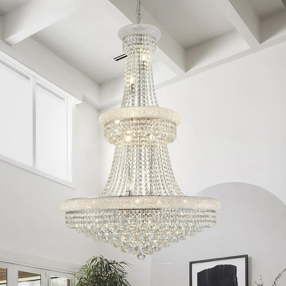 Posiosa Large Crystal Chandelier Light fixtures - Diameter 31.5 inch, 3 Layers Chrome Ceiling Haning Chandeliers, Pendant Lighting for Living Room, Staircase, Foyer
