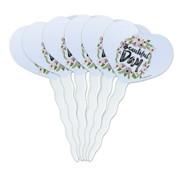 Beautiful Day Flowers Wedding Bridal Shower Heart Love Cupcake Picks Toppers Decoration Set of 6