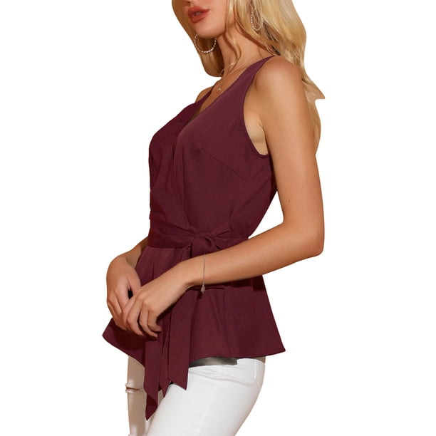 INSPIRE CHIC INSPIRE CHIC Tops De Verano Para Mujer, Sin Mangas, Con Escote En V, Con Lazo, En La Cintura Vino tinto M