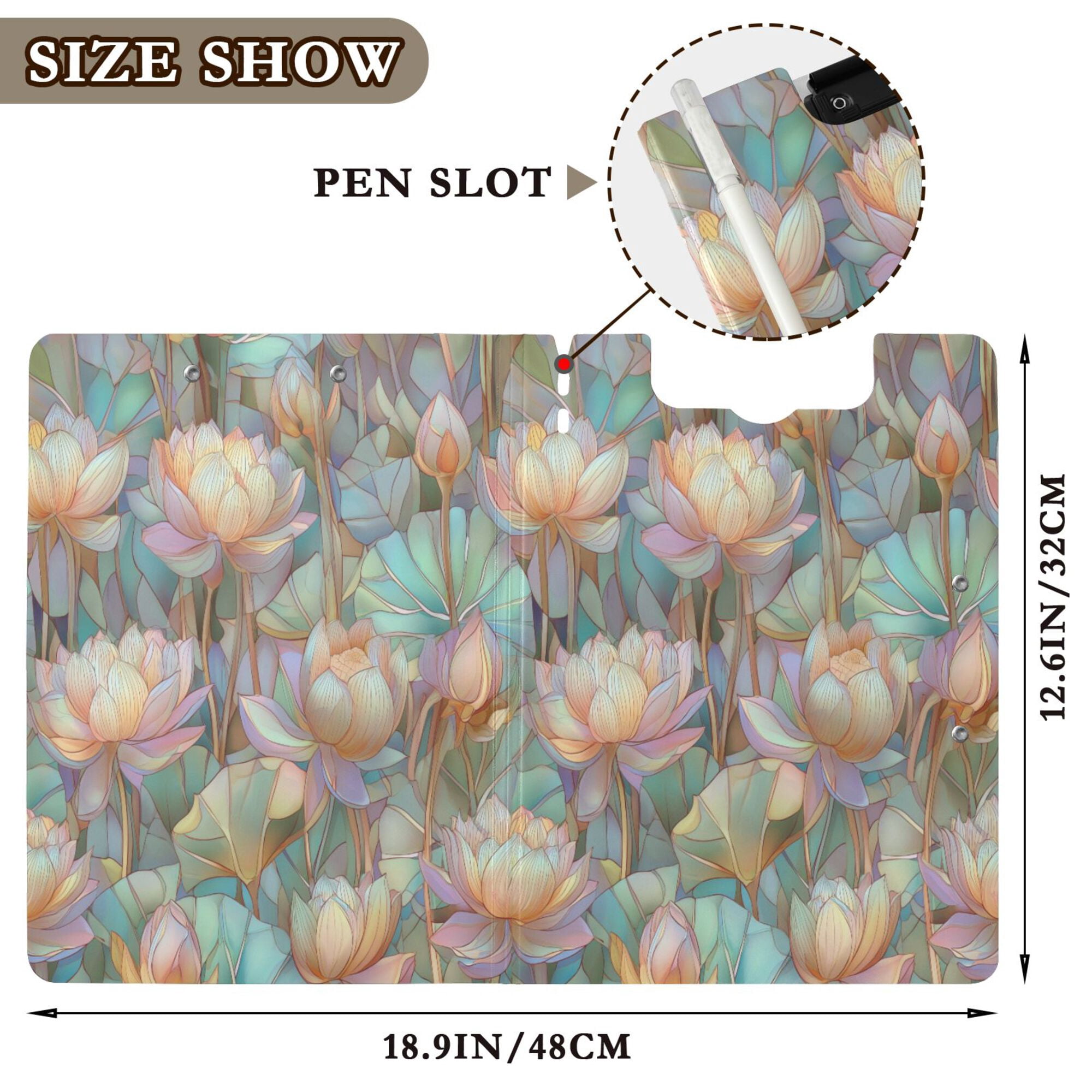 FORMRS A4 Clipboard Folder with Pen Holder Horizontal Foldable School Office Binder, Colorful Water Lilies Pattern