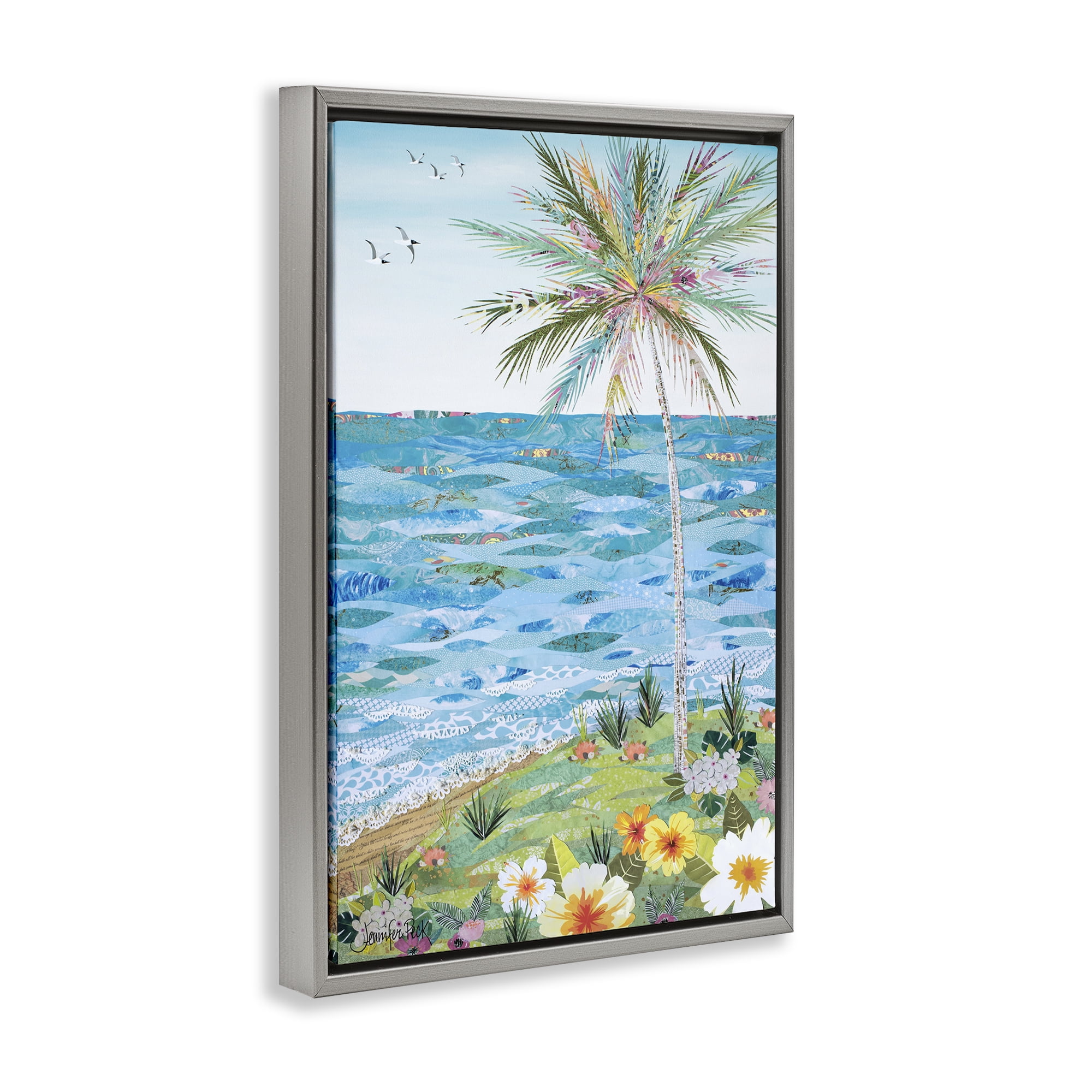 Stupell Industries Collaged Tropical Landscape Landscape Painting Gray Floater Framed Canvas Art Print Wall Art, 17 x 25