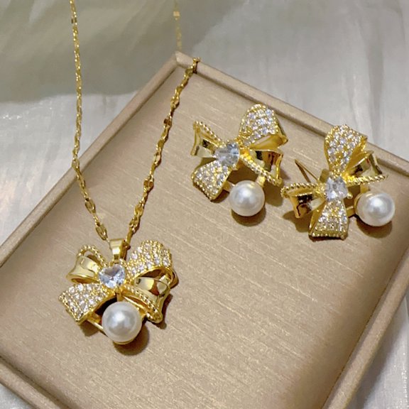 Titanium Steel Heart-shaped Zircon Bow Pearl Ear Stud Necklace Sweet