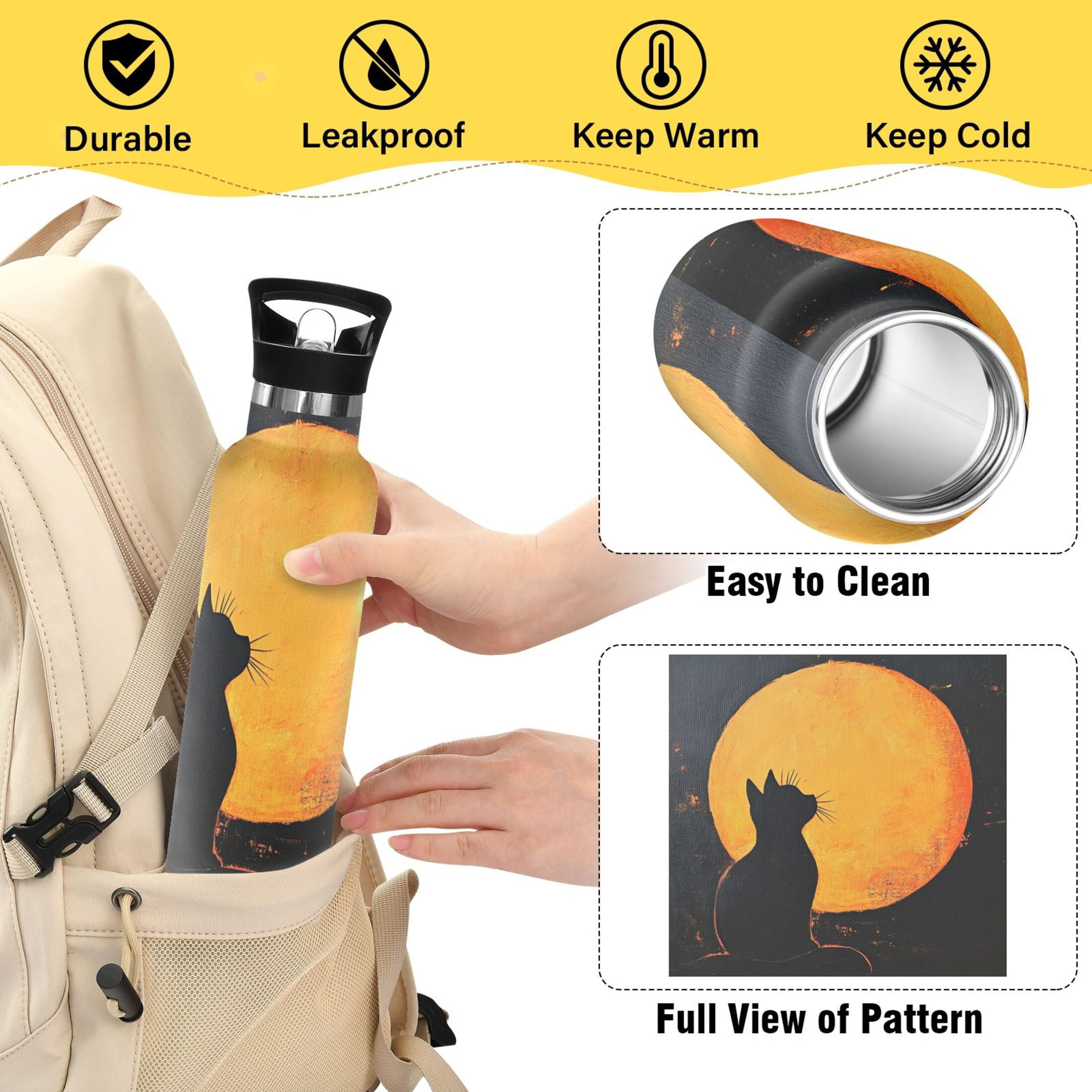600ML Stainless Steel Insulated Cup Sports Water Bottle Portable Thermos Cup Water Glasses Insulated Tumblers Convenient and Durable Orange Moon Cat