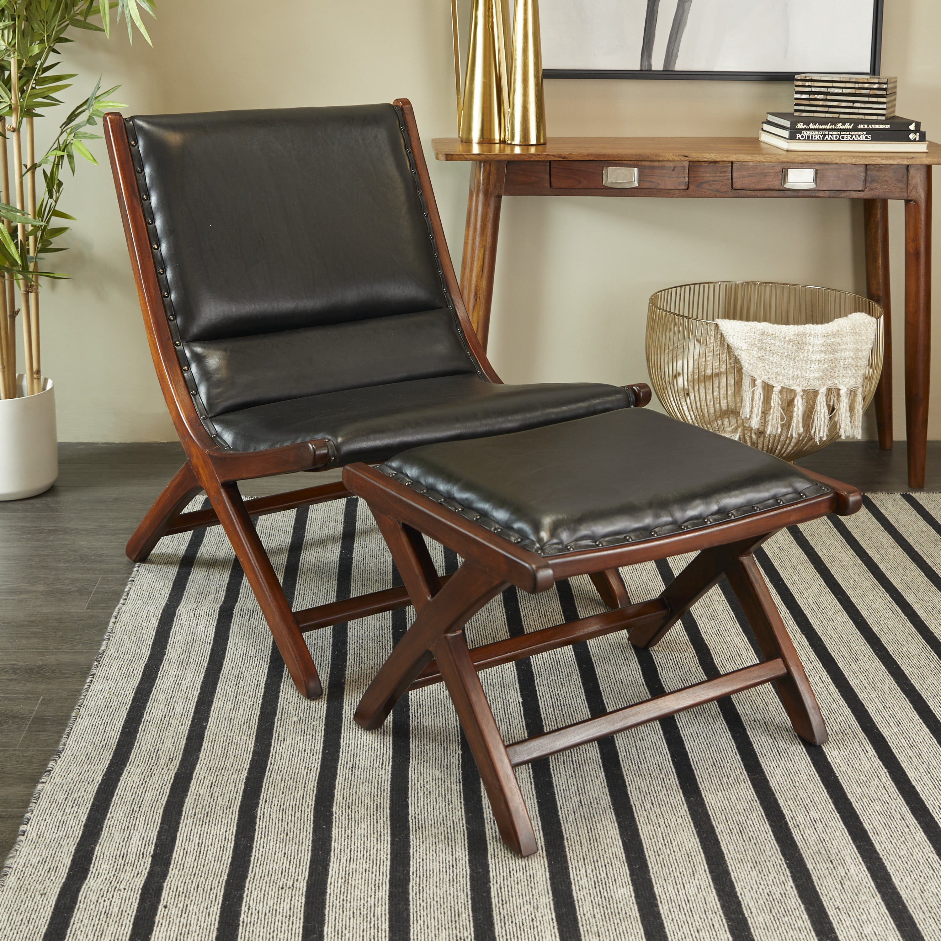 DecMode Teak Wood Handmade Upholstered Leather Chair & Ottoman Set, Black