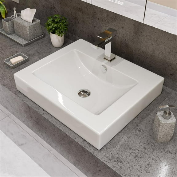 Pemberly Row White 24" Rectangular Semi Recessed Ceramic Sink with Faucet Hole