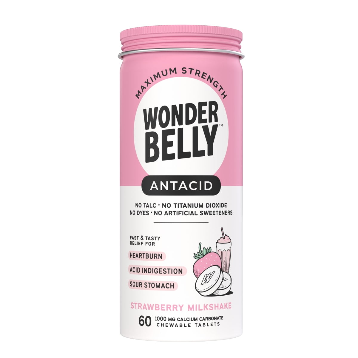Wonderbelly Antacid Tablets for Heartburn Relief, Strawberry Milkshake Flavor, 60 Chewable Tablets