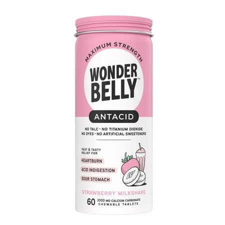Wonderbelly Antacid Tablets for Heartburn Relief, Strawberry Milkshake Flavor, 60 Chewable Tablets