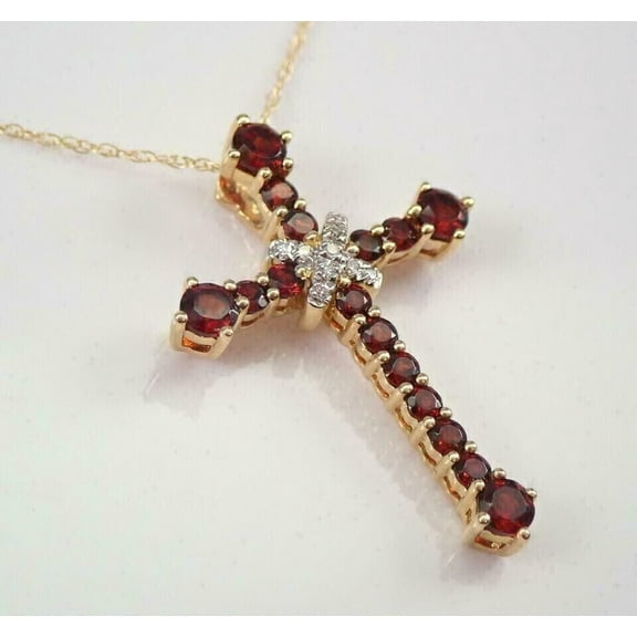 Sparkle Jewels Women's Round Cut Lab Created Red Garnet Cross Pendant Chain 14K Yellow Gold Finish