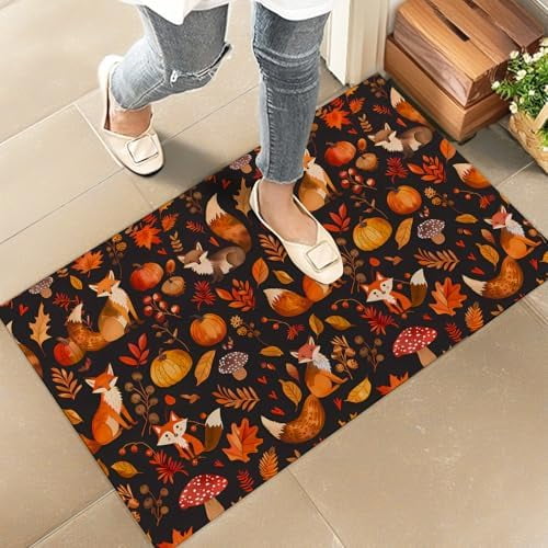 Autumn Fox Retro Indoor Door Mat 16x24 Inch Floor Doormat with Fall Leaves Pumpkin Thanksgiving, for Porch Insider,Bedroom,Living Room - Fall Decor Rug Gifts.