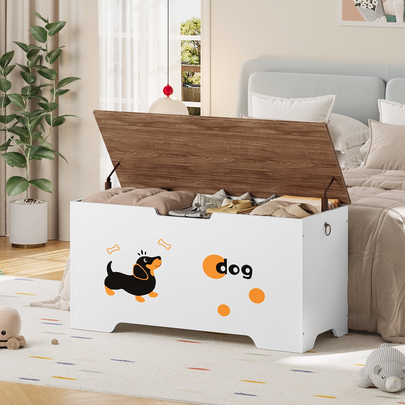 HOOBRO Storage Bench, Toy Box Organizer with Puppy Pattern, Shoe Bench with 2 Safety Hinges,&nbsp;Farmhouse Style, 39.4''L x 15.7''W x 19.5''H for Entryway,White and Walnut WH494CW01