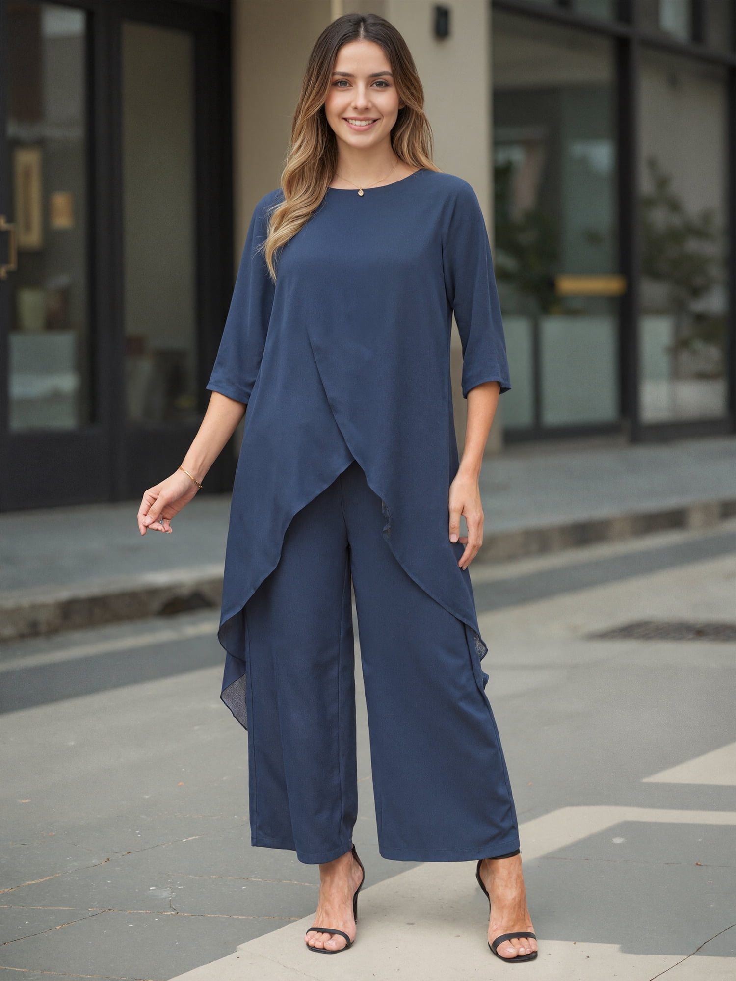 DARING DIVA Women's 2 Piece Chiffon Sets Dressy Pantsuit High Low Top Outfit L Dark Blue