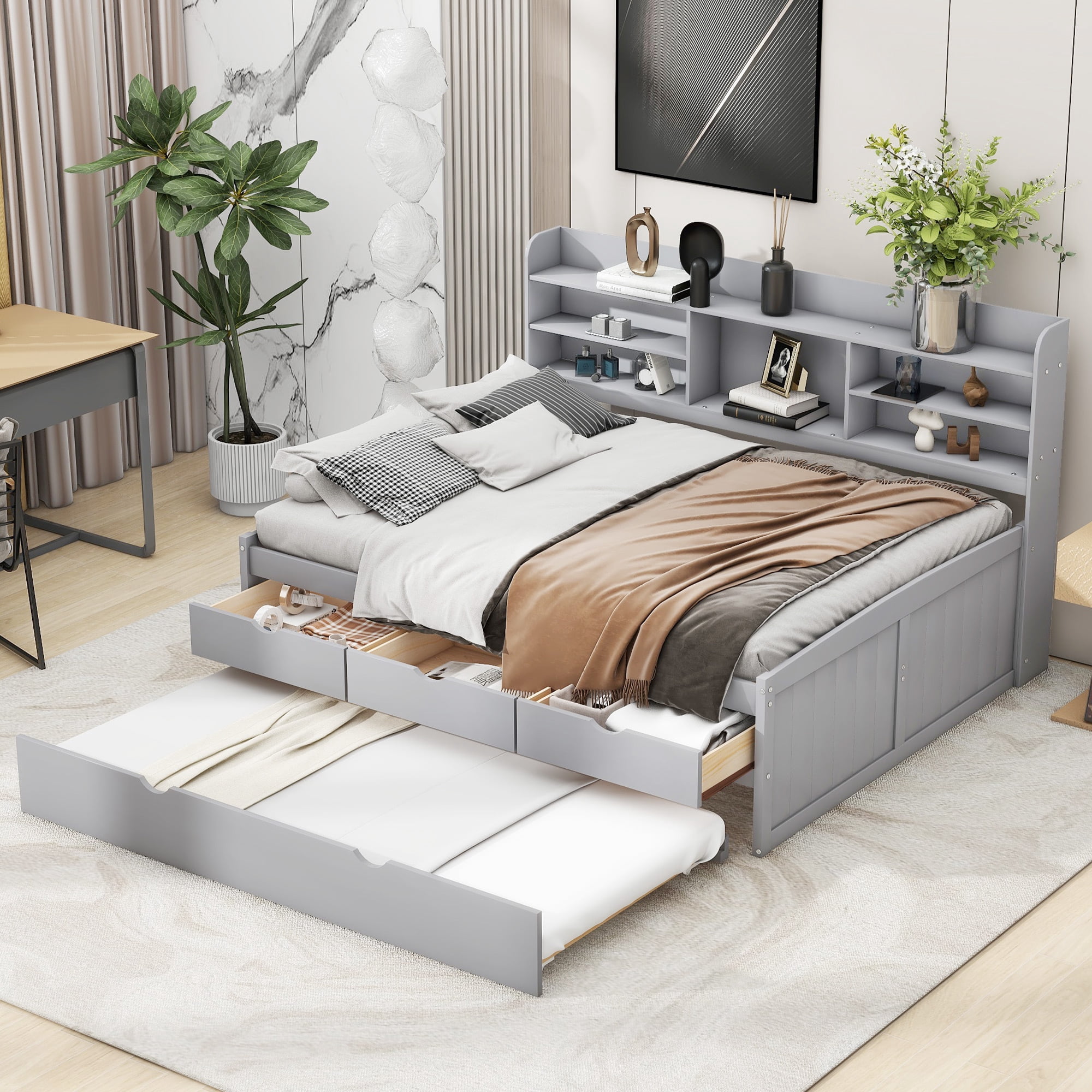 Euroco Wood Full Size Daybed with Trundle and Drawers, Wood Captain Platform Bed for Kids Teens, Light Gray