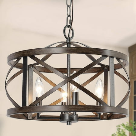 

LNC Ribbon 4-Light Distressed Black and Dark Brown Wood Tone Farmhouse Cage LED Chandelier Drum Kitchen Island Pendant Light for Dining Room Kitchen Island Bedroom