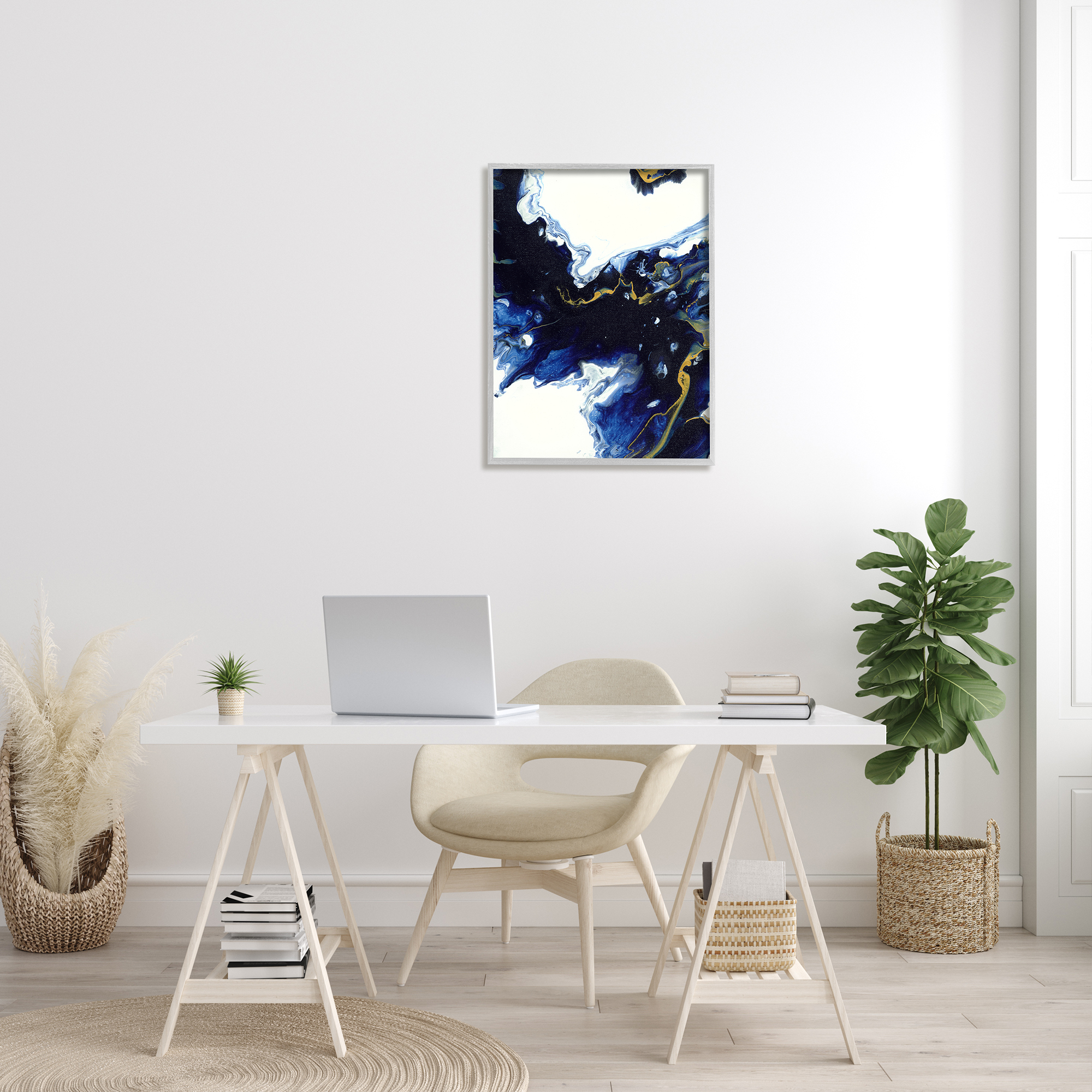 Stupell Industries Blue Waters Moving Through White Abstraction Modern Design Abstract Painting Gray Framed Art Print Wall Art, 24 x 30