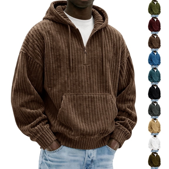 IAJDKMEK Men's Vintage Corduroy Half-Zip Hoodie - Large Pocket Pullover Sweatshirt for Men, Long Sleeve Top with Hood, Retro Casual Sweatshirt