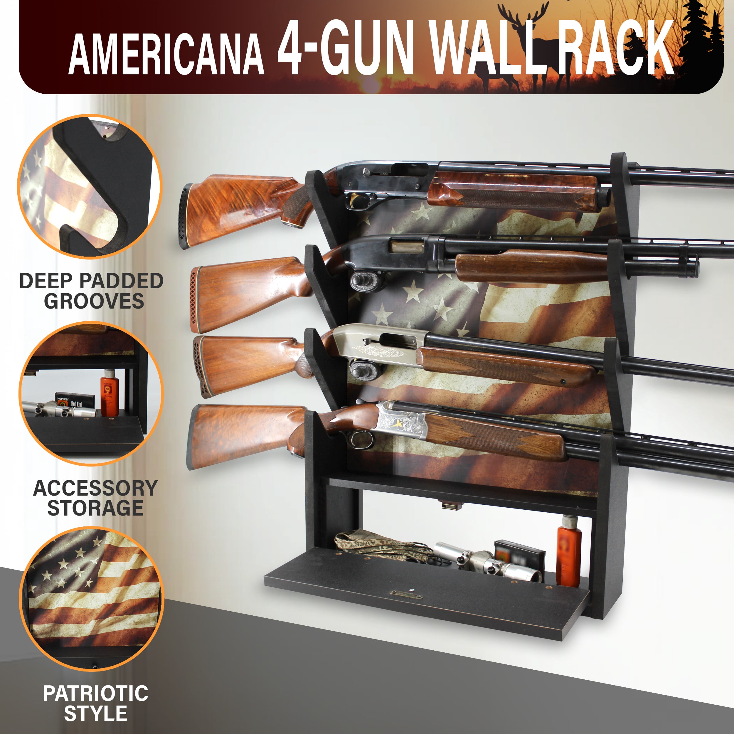 Rush Creek Creations Americana 4-Gun Rifle & Shotgun Wall Rack