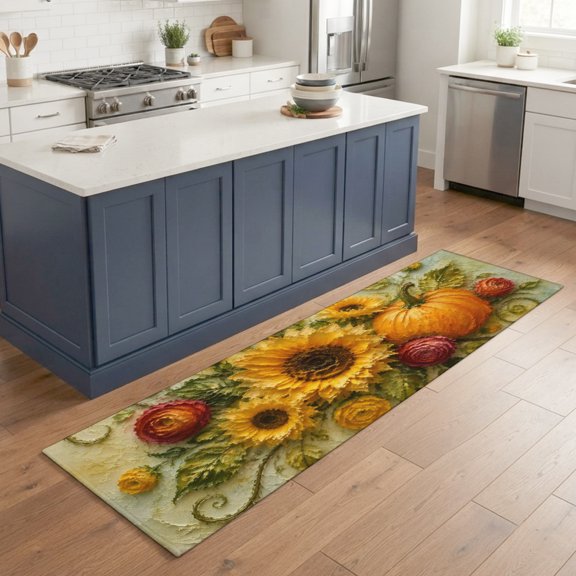 Hallway Runner Rug 2'x6', Sunflower Oil Painting Kitchen Runner Rugs Non-Slip Carpet Mats, Farmhouse Thanksgiving Fall Botanical Bedside Rugs Runners Washable Floor Carpet for Bathroom Laundry Room