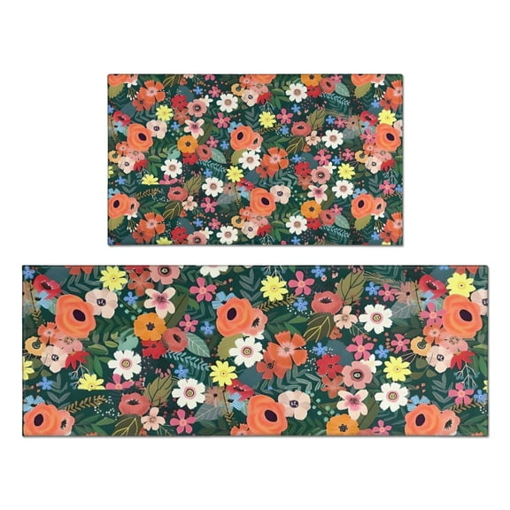 Pioneer Flower Floral Print Pattern Kitchen Rugs Sets Of 2,Anti Fatigue Kitchen Mat Rugs Non Slip Washable,Decorative Kitchen Floor Mats for Kitchen,Sink,Laundry,17"x30" 17"x47"
