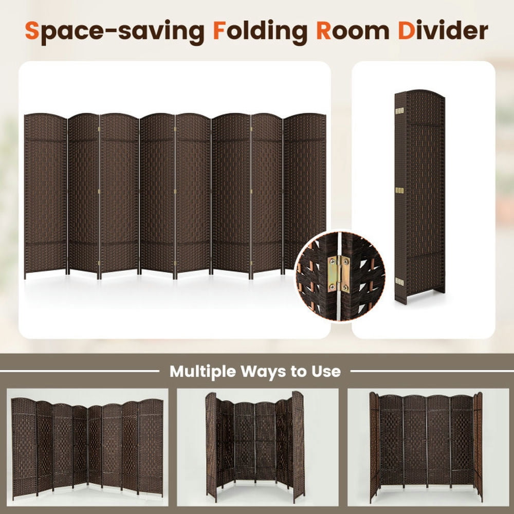 Spaco 8-Panel 6 Feet Tall Room Divider, Folding Room Divider with Hand-Woven Texture, Privacy Screen with Solid Wood Frame for Indoor, Brown