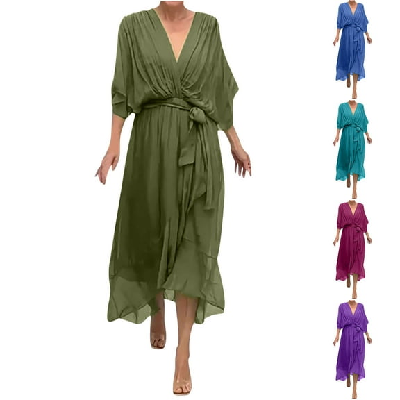 Sentmoon Casual Summer Dress Short Sleeve Breathable Plus Size Wedding Guest Dress Solid Color Loose Irregular V Neck Maxi Dresses Stylish for Lounge at Home S