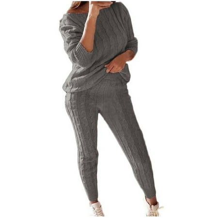 

Dadaria 2 Piece Outfits for Women Dressy Solid Color Off Shoulder Long Sleeve Cable Knitted Warm Two Piece Long Pants Sweater Suit Set Gray XXL Female