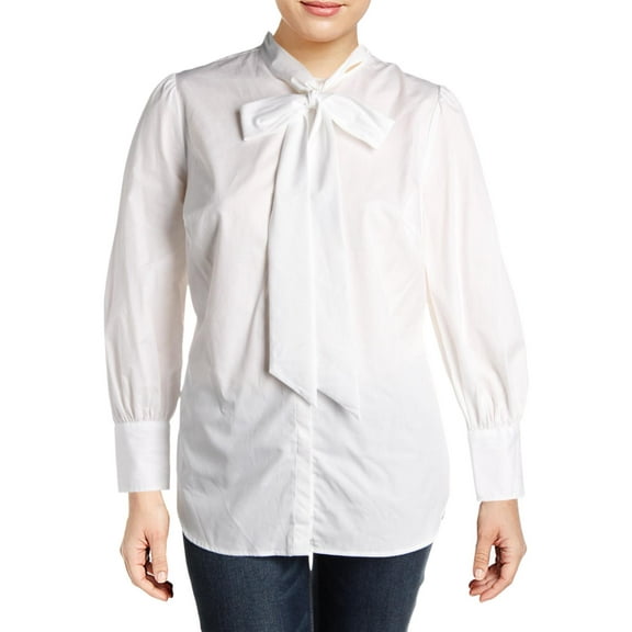 Lauren Ralph Lauren Womens Plus Tie Neck Sheer Button-Down Top White 2X