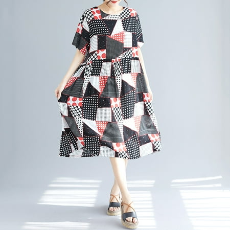 Women Plus Size Dress Geometry Print Color Block Long Maxi Ruffle Dress ...