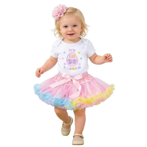 JAJAHO Infant Baby Girl Clothes Easter Toddler Girls 3 Piece Set Letter Embroidery Short Sleeve Bodysuit Tutu Skirts With Headband 0-24 Months Holiday Celebration Trendy Outfit