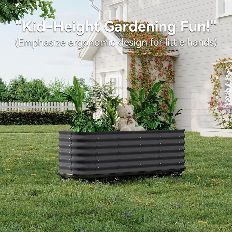 Towallmark Self Watering Wheeled Metal Garden Bed, Mobile Raised Planter Box with Lockable Wheels, Built in Water Storage Rolling Grow Station for Veggies, Indoor Outdoor Use, Gray