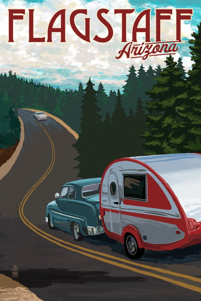 Flagstaff, Arizona, Retro Camper on Road (36x54 Giclee Gallery Art