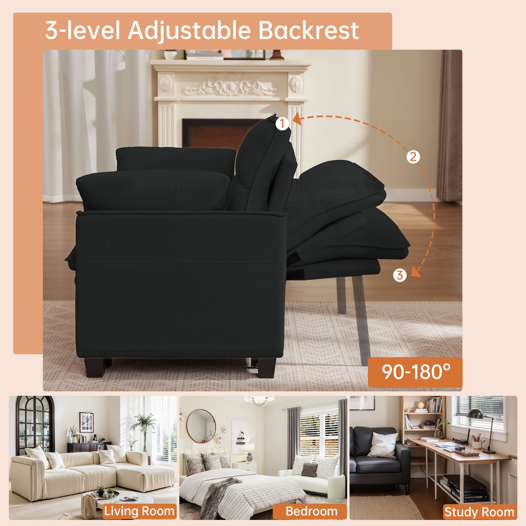 Soscana Convertible Sofa Bed Loveseat with Adjustable Backrest,3 in 1 Sleeper Sofa Pull Out Bed Reclining Couch with 2 Lumbar Cushions and Storage Side Pockets for Living Room,Apt,Office,Studio