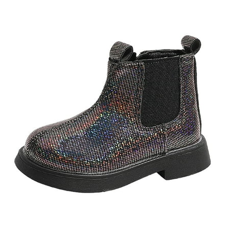 

eileial Girls Kids Lug Sole Ankle Boots Side Zip Chunky Low Heel Slip On Winter Casual Chelsea Booties Shoes(Black 27)
