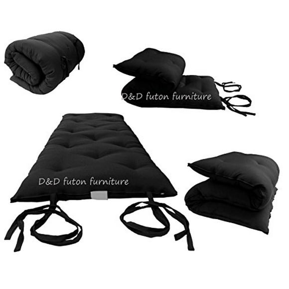 D&D Futon Furniture Queen Size Black Cotton/Foam/Polyester Traditional Japanese Floor Rolling Futon Mattresses, Yoga Meditation Mats, Beds 3 x 60 x 80