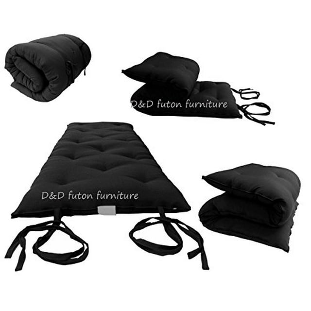 D&D Futon Furniture Queen Size Black Cotton/Foam/Polyester Traditional Japanese Floor Rolling Futon Mattresses, Yoga Meditation Mats, Beds 3 x 60 x 80