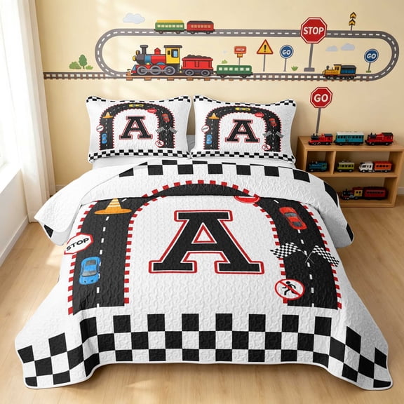 Erosebridal Alphabet Letter Twin Quilt Set, Race Car Twin Coverlet Set, Black A 2pcs 1 Bedspread and 1 Pillowcase