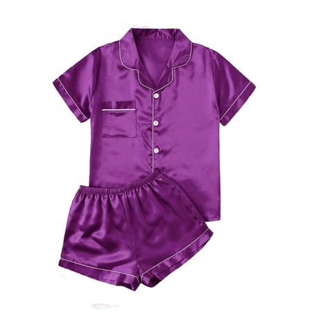 

Lapel Neck Satin Short Sets Short Sleeve Purple Plus Pajama Sets (Women s)