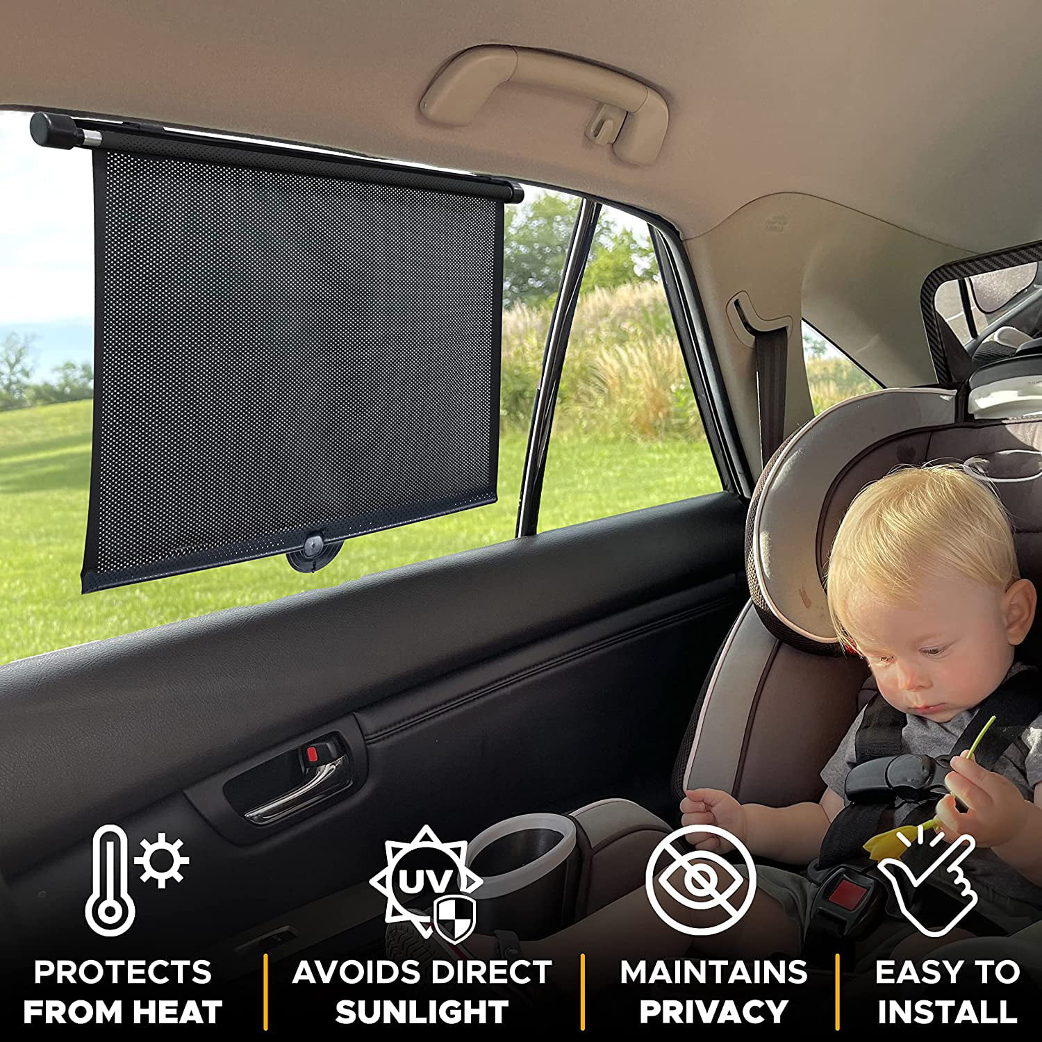 EcoNour Baby Sun Shade for Car Window (2 Pack) | Roller Shade