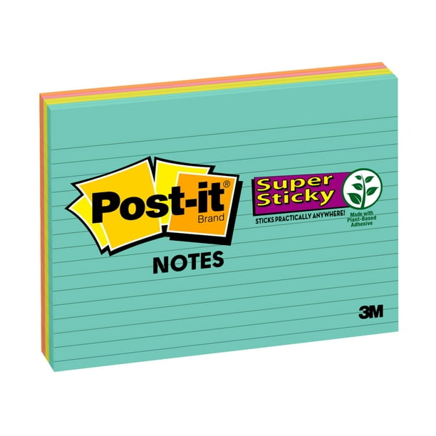 Postit Super Sticky Lined Notes, 6" x 8", Assorted Brights, 1 Pad