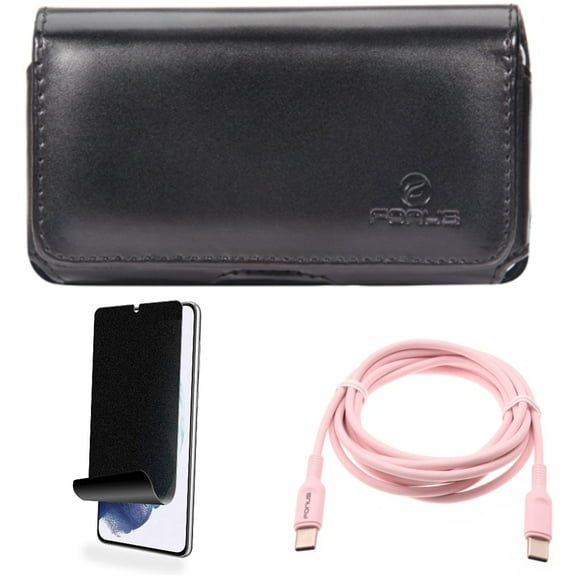 For Samsung Galaxy S21 (6.2") - [Fingerprint Works] TPU Film Privacy Screen Protector   PD Fast Charger USB-C to Type-C Pink 6ft Long Cable   Swivel Leather Case Belt Clip