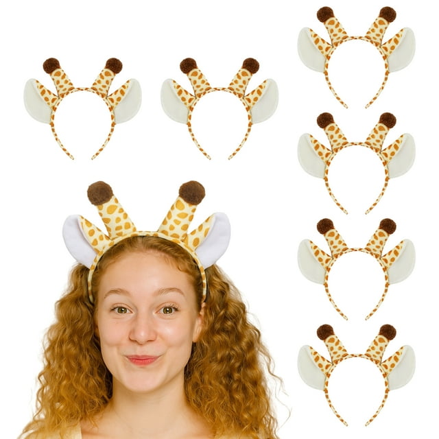 TOPTIE 6 PCS Giraffe Animals Ears Headband set made of soft velvet and plastic. Includes six adjustable headbands with giraffe-patterned ears and brown pom-pom accents. Perfect for Halloween costumes, cosplay, theater performances, and festive events. Suitable for adults and kids.