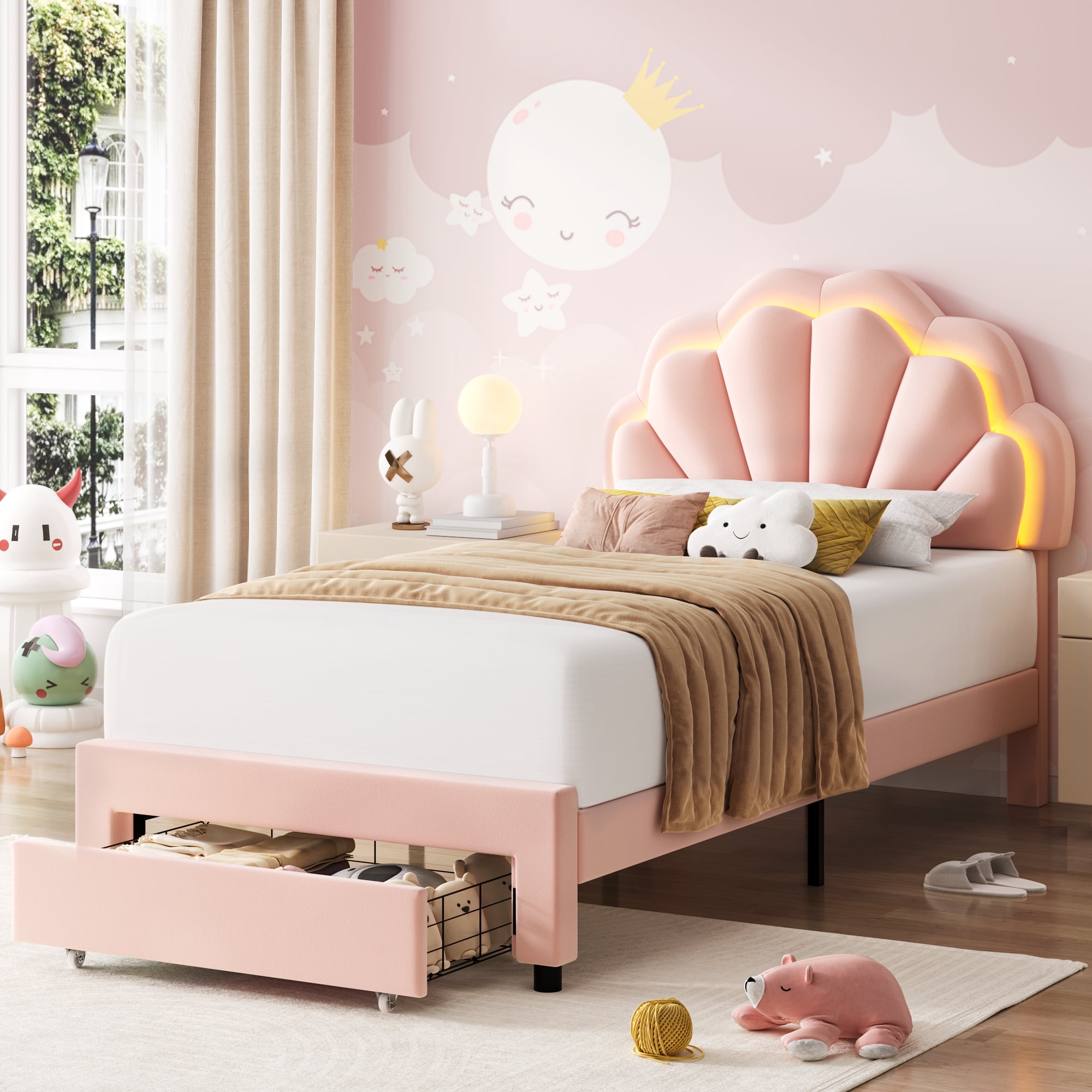 Homfa Twin Size LED Bed Frame with Drawer, Velvet Upholstered Platform Bed with Adjustable Petal Headboard for Kid, Pink