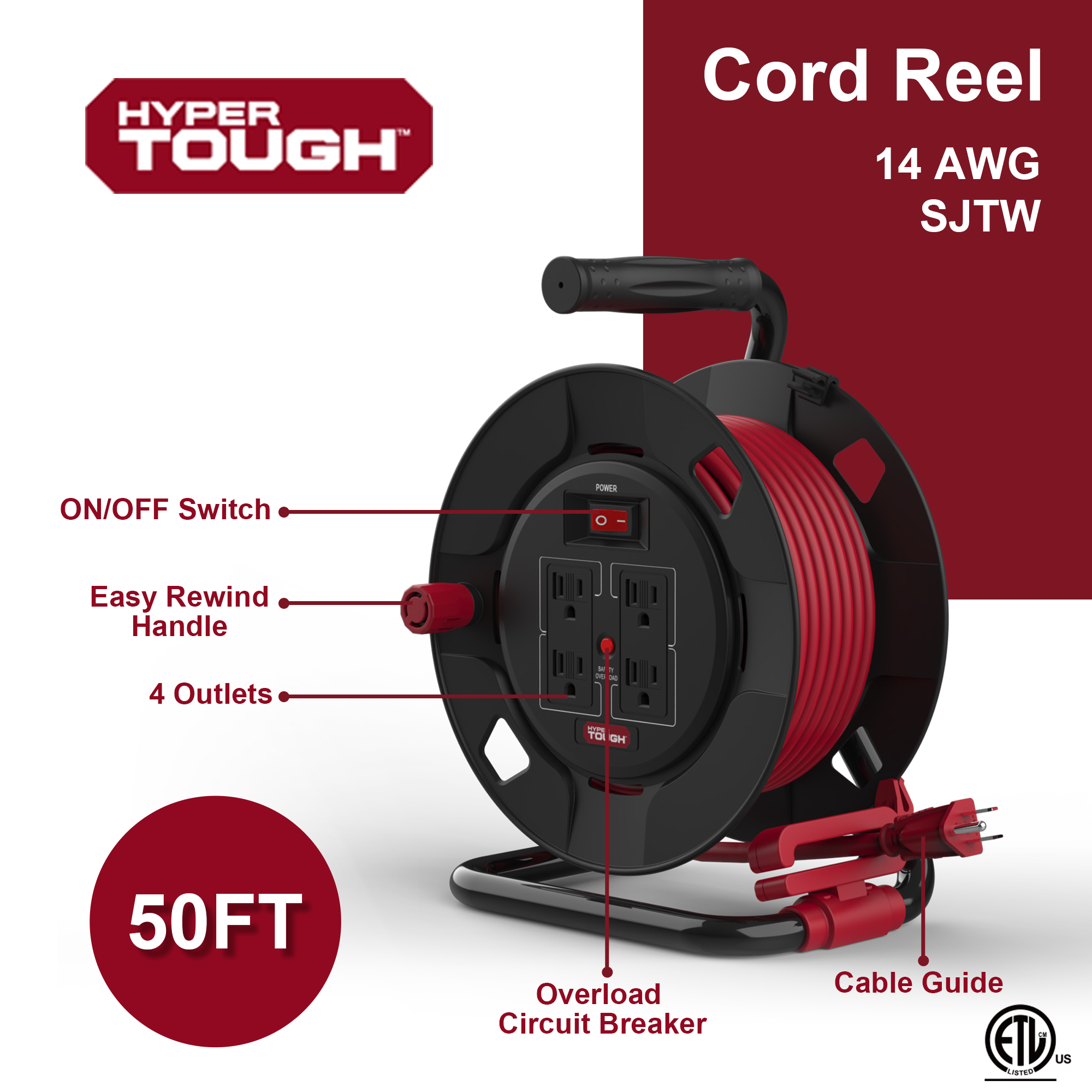 Hyper Tough 50-Foot Cord Reel with 4 Power Outlets photo 8