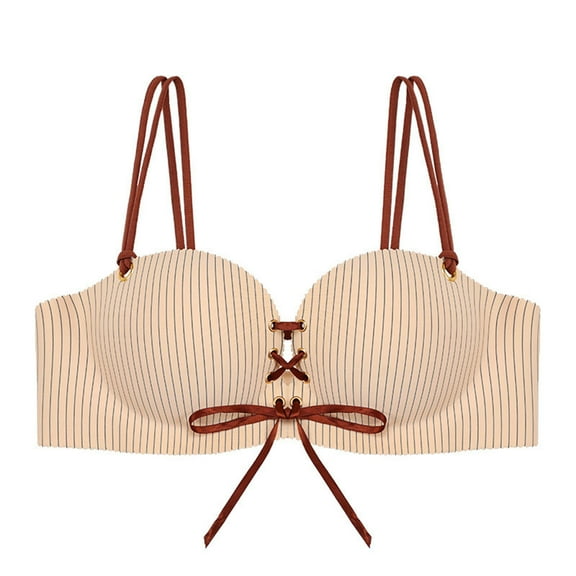 Arnsht Women's C Cup Striped Front Drawstring Back Button Thin Breathable Comfortable Non-Steel Ring Underwear Push Up Bra Beige 34/75C