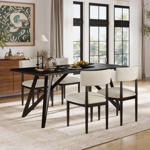 Roundhill Furniture Axler 5-Piece Dining Set, Tripod-Cross Dining Table with 4 Boucle Chairs, Black