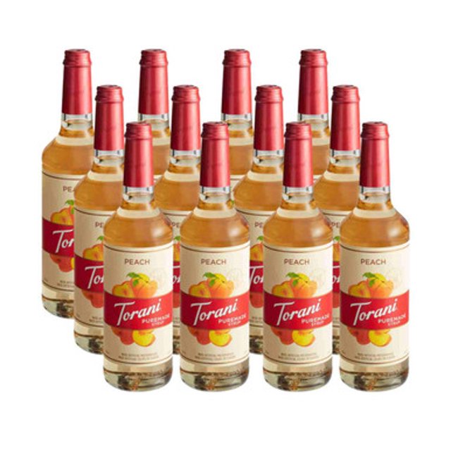 Torani Puremade Sirop de Pêche – Jutosité du Verger Mûri au Soleil et Pureté avec Étiquette de Propreté, Bouteille en Verre de 750 ml (25,36 oz) – Emballage Professionnel en Vrac de 12/caisse